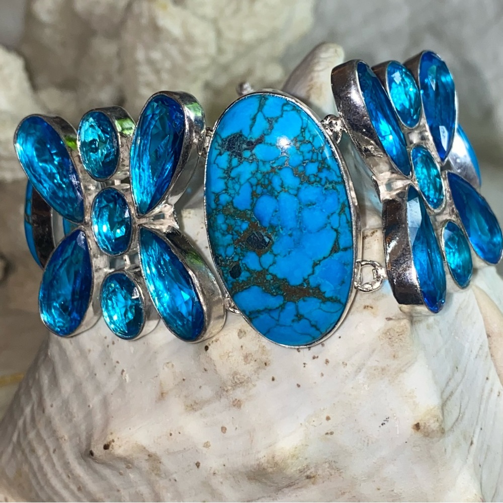 Gorgeous Tibetan Turquoise + Blue Topaz cluster statement cuff bracelet